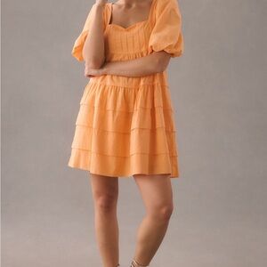 Anthropologie Orange Mini Dress with Puff Sleeves